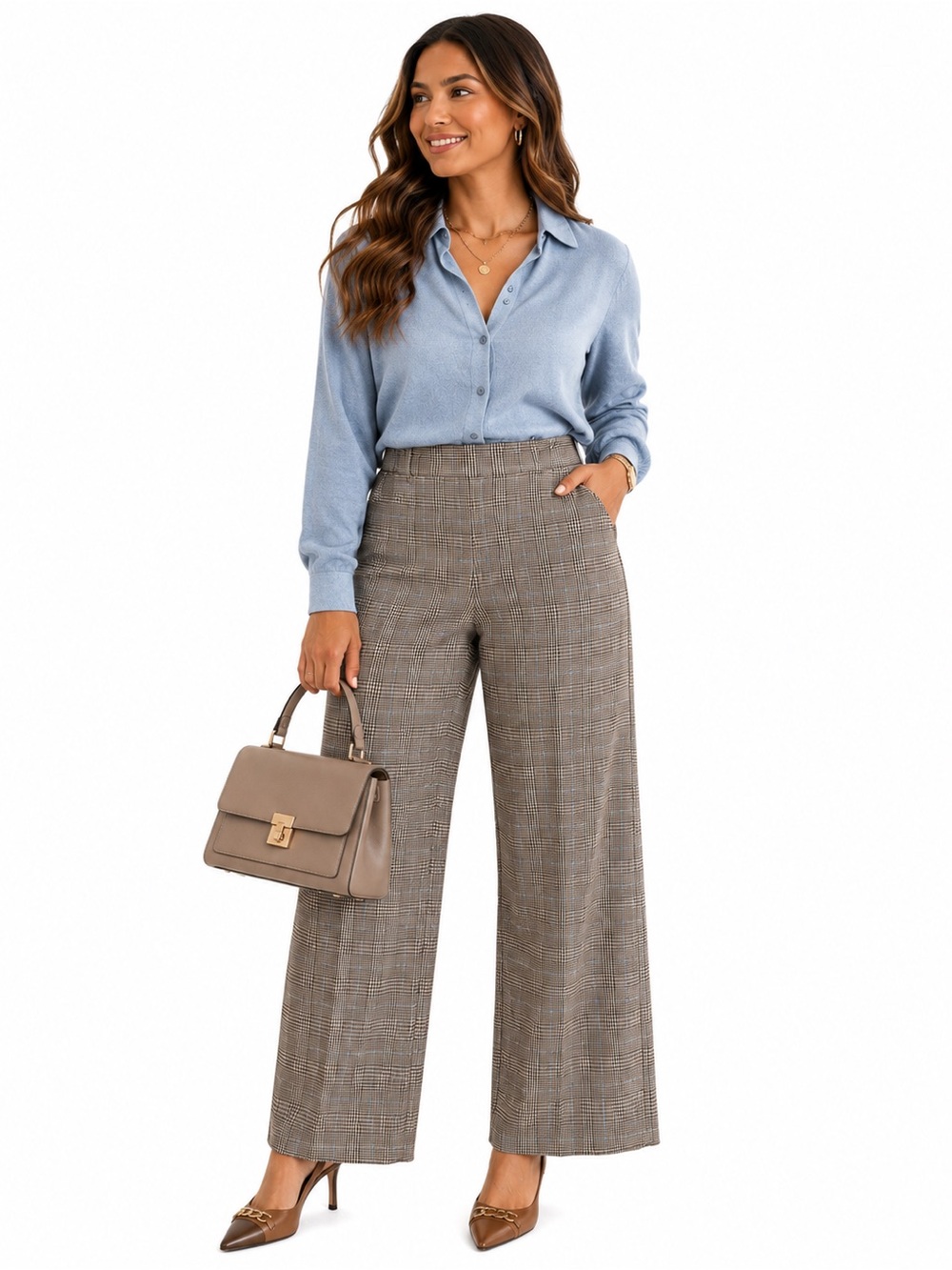 Cato Women’s Size 14 Glen Plaid Wide Leg Pants Taupe Black Blue Stretch